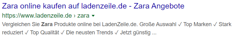 Meta Beschreibungen eines Onlineshops in SERPs