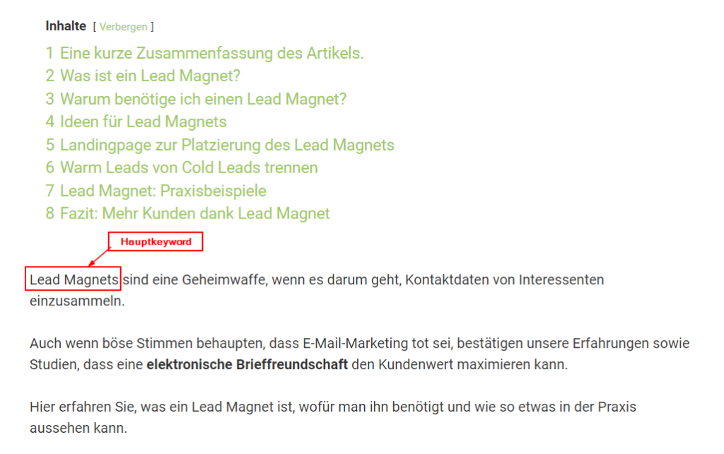 Das Hauptkeyword am Anfang des Textes als SEO-Boost.