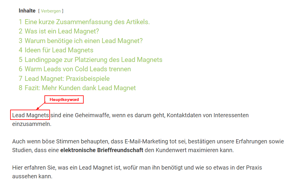 Das Hauptkeyword am Anfang des Textes als SEO-Boost.