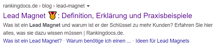 Eine Meta-Beschreibung in den SERPS, die das Keyword enthält.